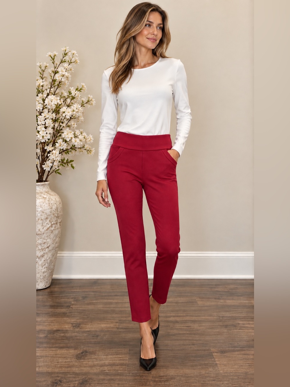Mango Cherry Red High Rise Pull-On Tailored Straight Leg Pants size 6